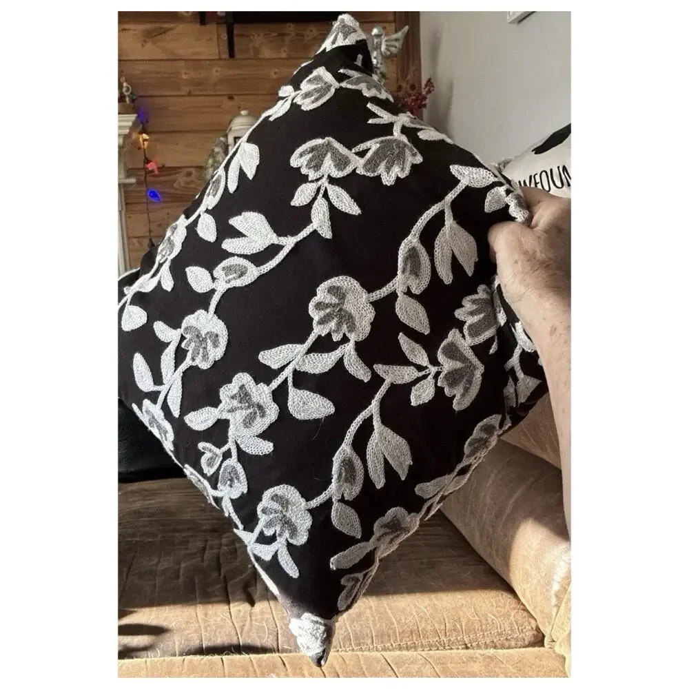 Karl Lagerfeld Paris Embroidered Floral Throw Pillow Blk Wht Textured Boho Decor